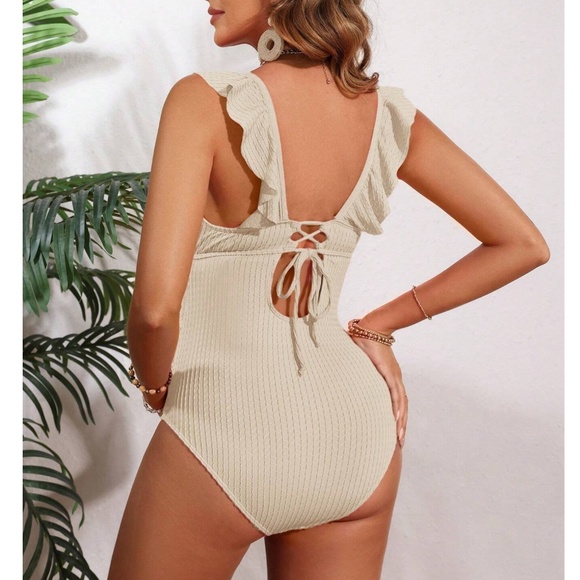 Maternity Lace up Cut out Ruffle Ribbed One Piece Monokini Swimsuit - Picture 6 of 7